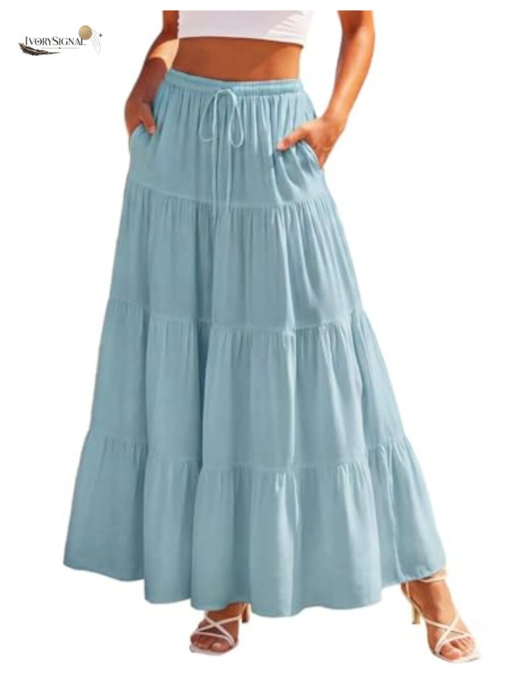 Long Flowy Tiered Renaissance Maxi Skirt Elastic Waist Pockets